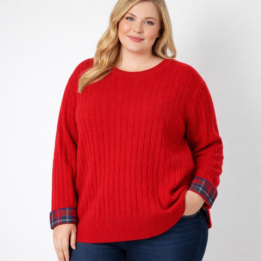 Vineyard Vines Red‎ Cable Knit Cashmere Sweater Plus Size 3X Plaid Cuff Detail